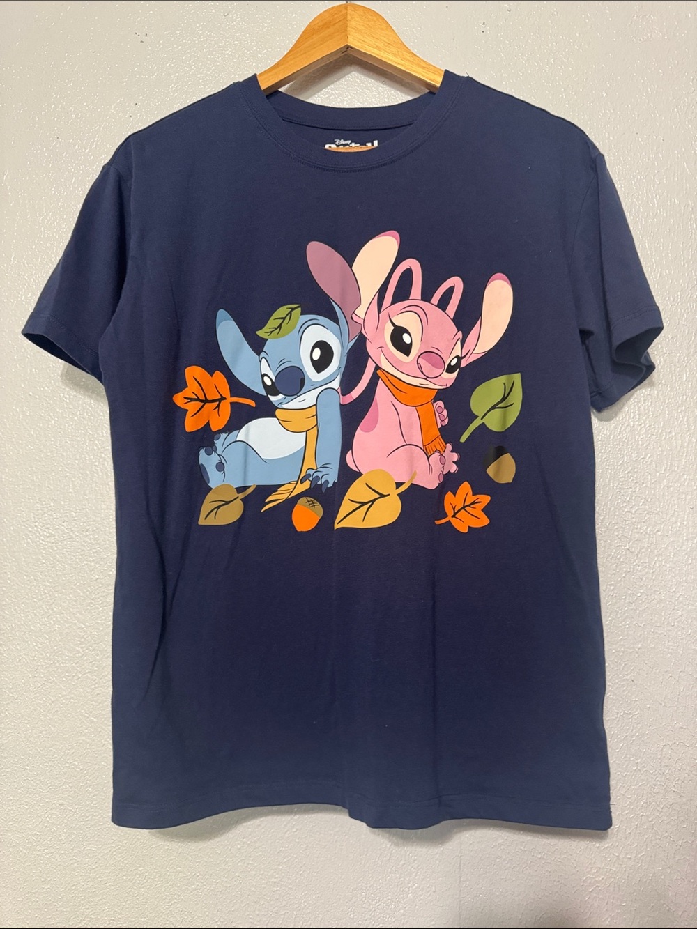 Disney Freeze Stitch & Angel Autumn Fall Leaves Navy Graphic Tee S 4/6